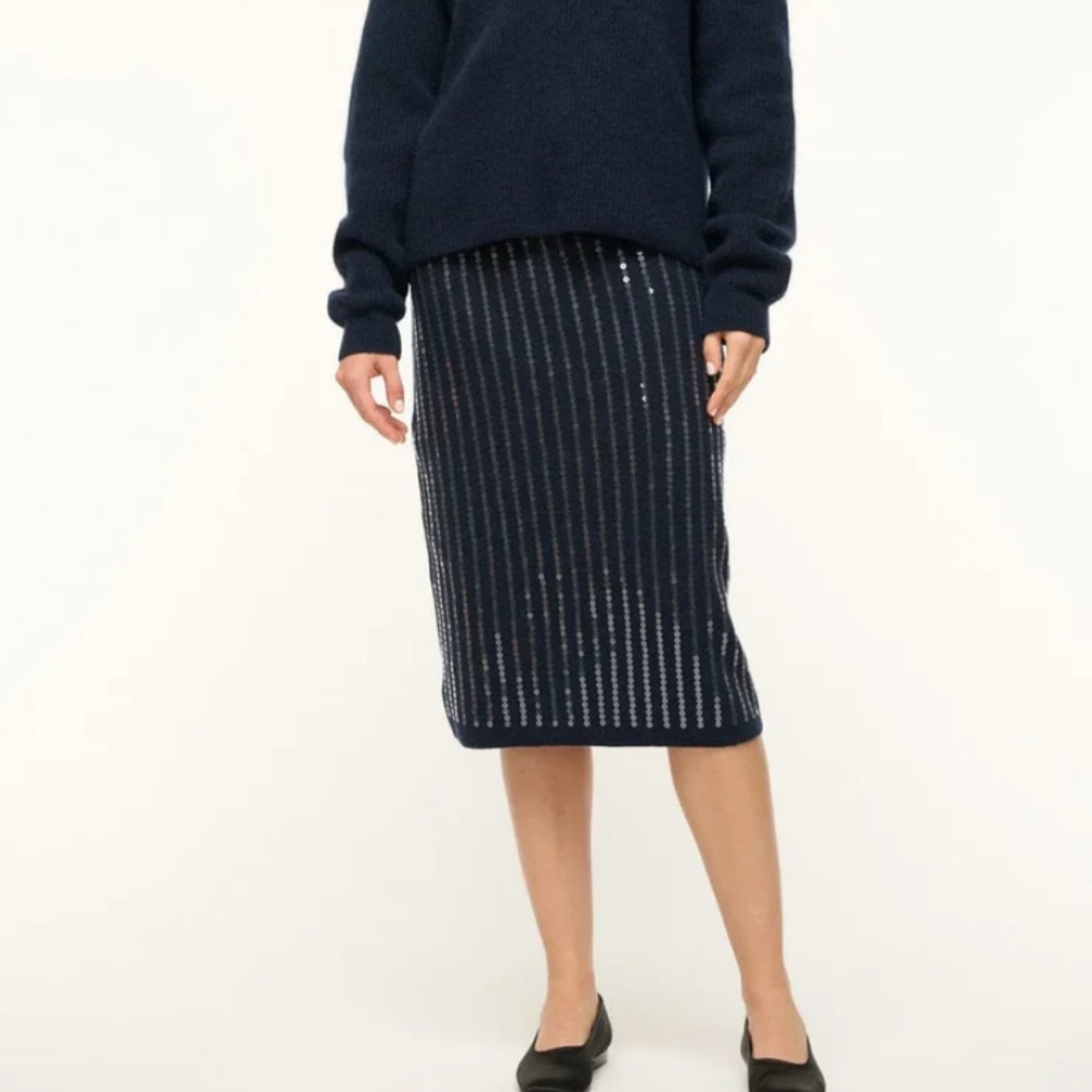 Nwt Staud Navy Sequin Stripe Knit Midi Skirt S